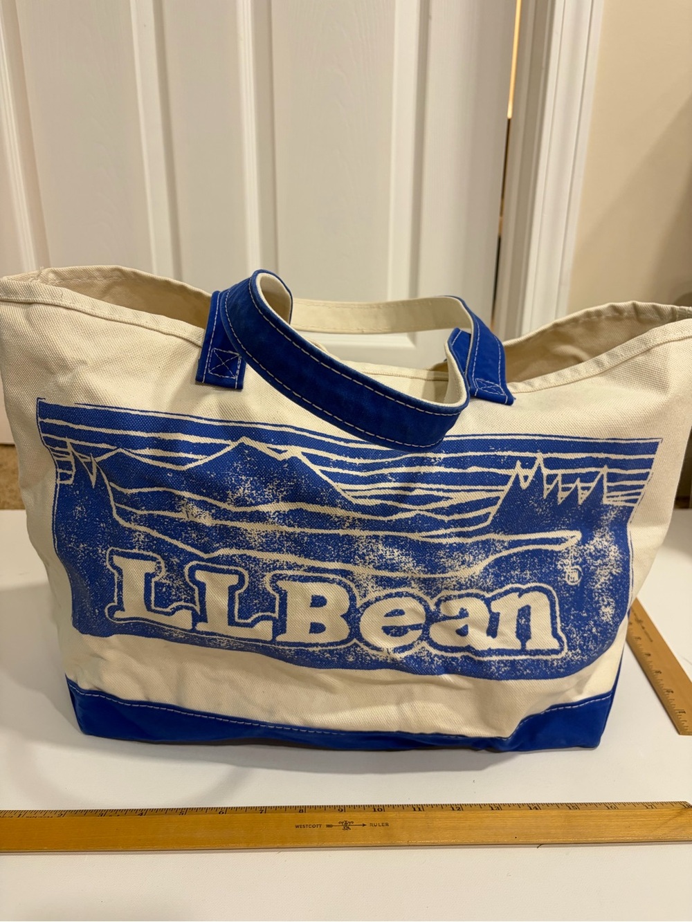 L.L. Bean Cream and Blue Boat Tote Canvas with Logo Graphic